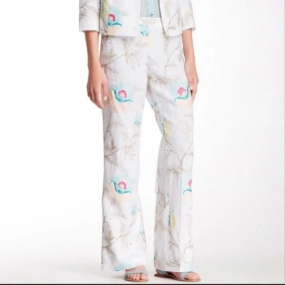 Paperwhite Floral Embroidered Linen Pants Size 14 - Picture 7 of 7